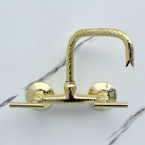 7" Hammered unlacquered brass wall faucet, 6" spread with lever handles – alternate view 8