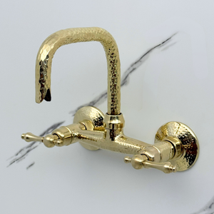 7" Hammered unlacquered brass wall faucet, 6" spread with lever handles – alternate view 3