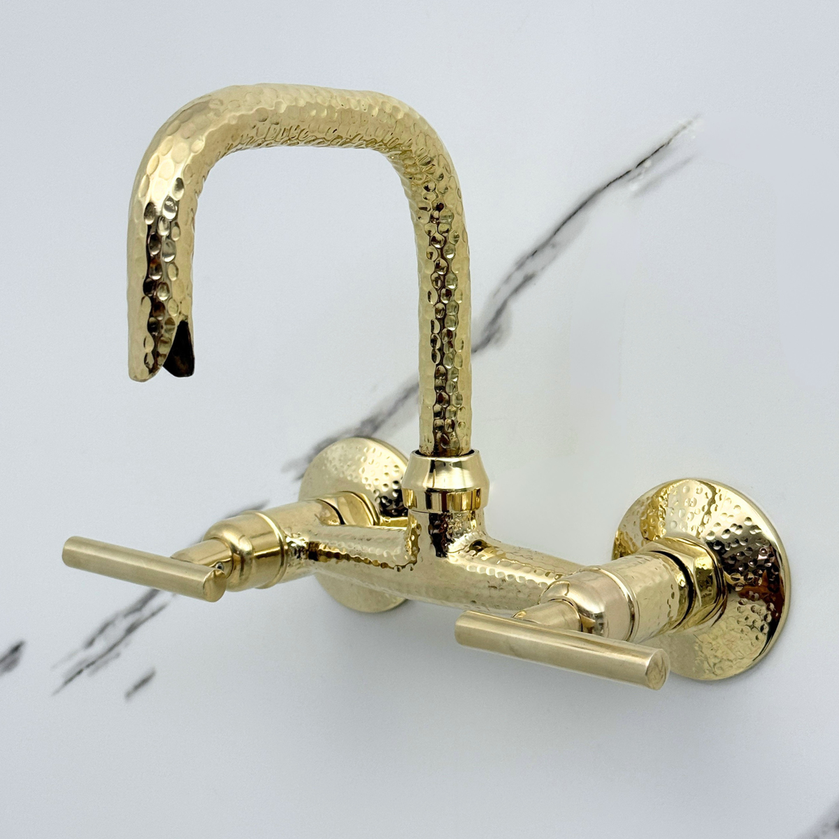 7" Hammered unlacquered brass wall faucet, 6" spread with lever handles – alternate view 6