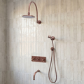Antique Copper Adjustable Flat Round Rain Shower System with Handheld & Tub Filler — Arcuate arm (ACCSS-014) — shower system overview