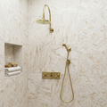 Unlacquered Brass Adjustable Flat Round Rain Shower System with Handheld — Arcuate arm (UBCSS-012) — shower system overview