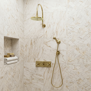 Unlacquered Brass Adjustable Flat Round Rain Shower System with Handheld — Arcuate arm (UBCSS-012) — shower system overview