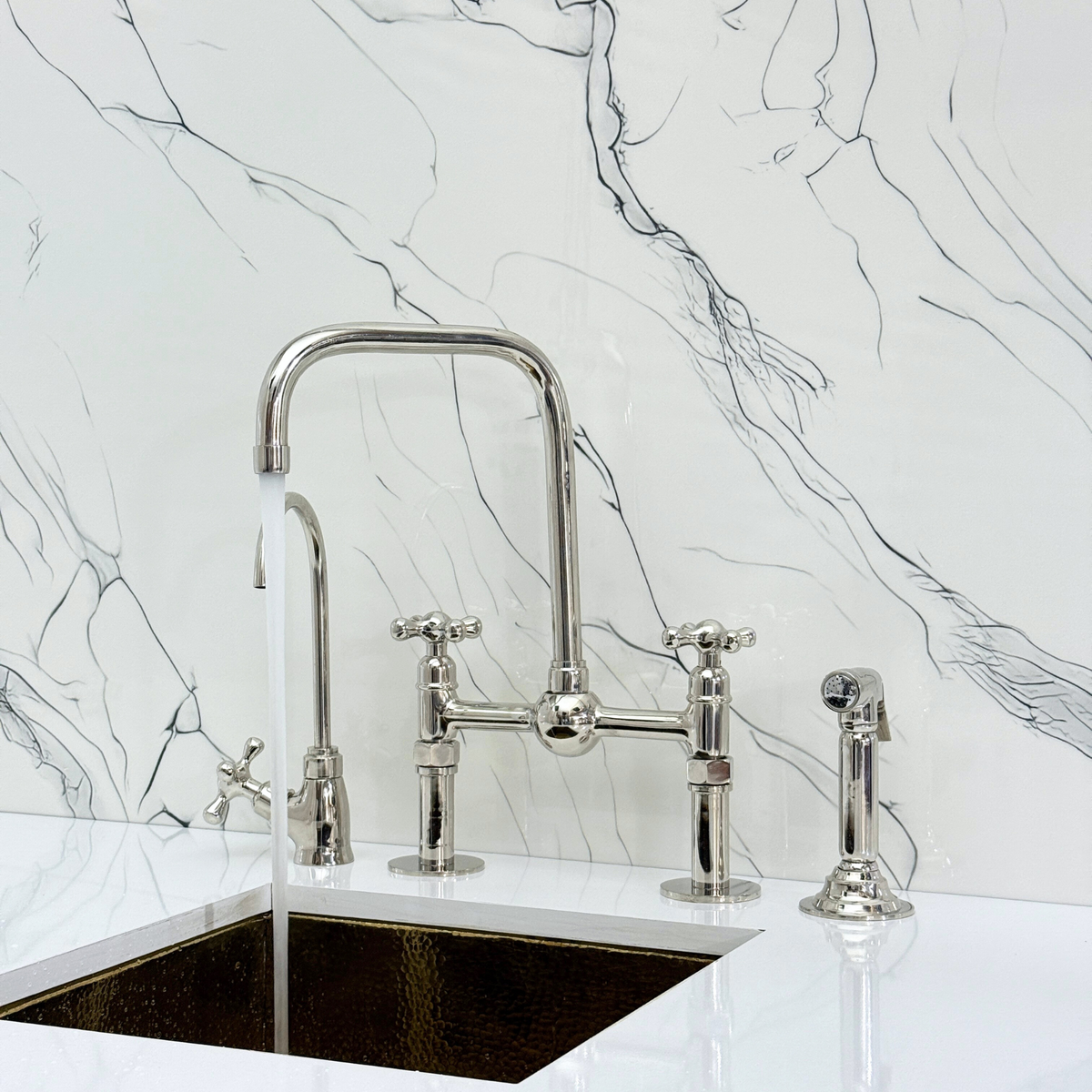 Polished Nickel Classic Bridge Kitchen Faucet with Cross Handles – Kensington – alternate view 3