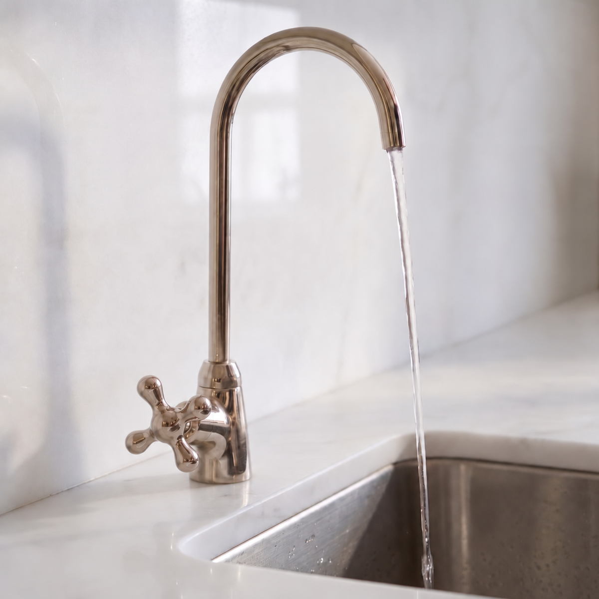 Polished Nickel Cold Water Faucet with Cross Handle, 10-Inch Height