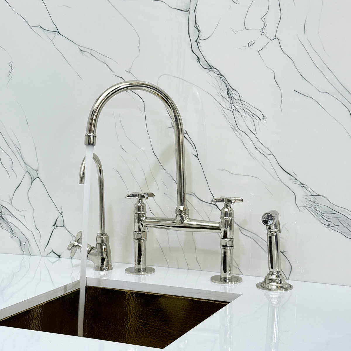 Polished Nickel Bridge Kitchen Faucet with Cross Handles – Montrose – alternate view 6