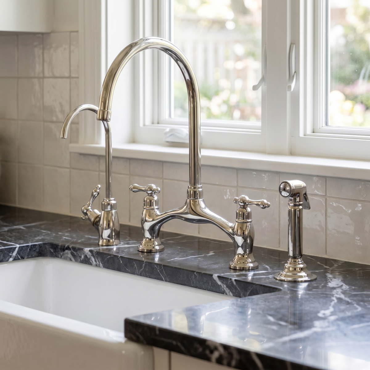 Polished Nickel Bridge Kitchen Faucet with Lever Handles – Ashford