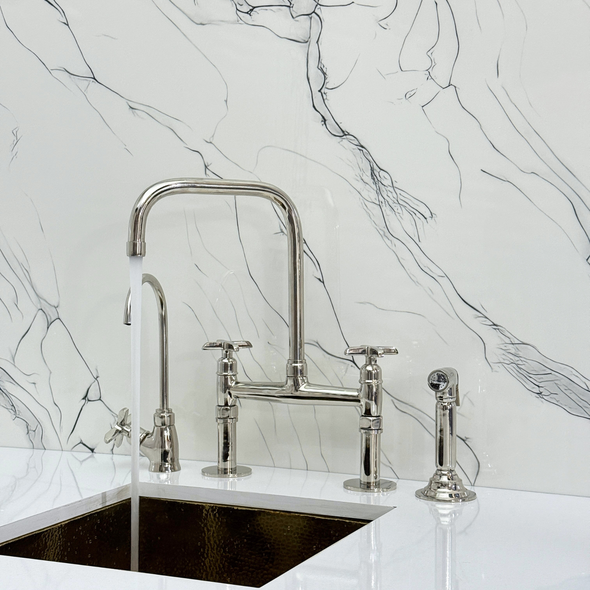 Polished Nickel Classic Bridge Kitchen Faucet with Cross Handles – Grosvenor – alternate view 6