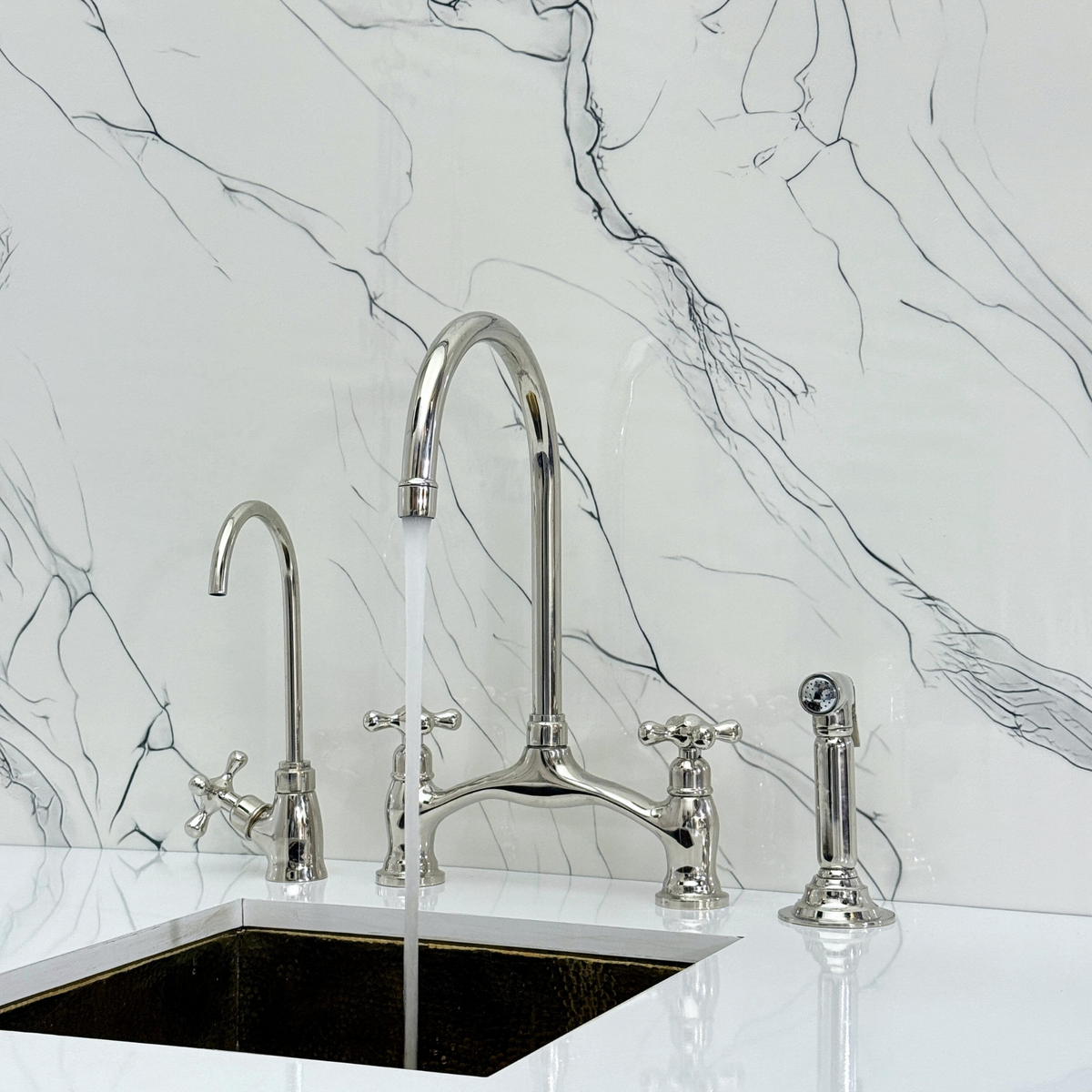 Polished Nickel Bridge Kitchen Faucet with Cross Handles – Beaumont – alternate view 3