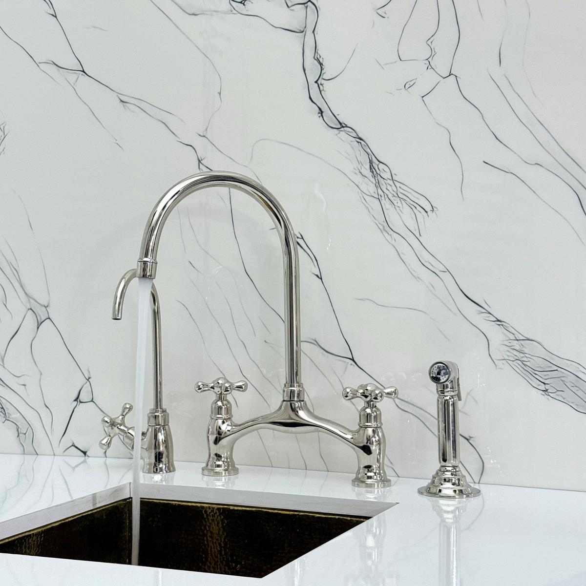 Polished Nickel Bridge Kitchen Faucet with Cross Handles – Beaumont – alternate view 4