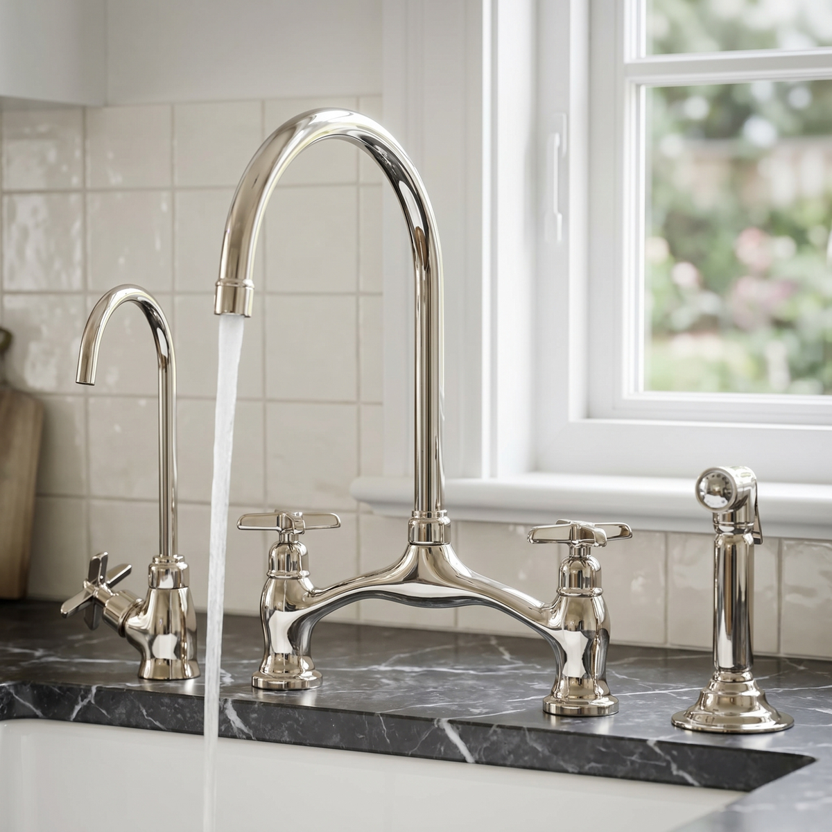 Polished Nickel Bridge Kitchen Faucet with Cross Handles – Beaumont