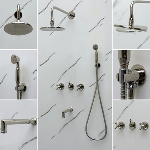 Polished Nickel Adjustable Flat Round Rain Shower System with Handheld & Tub Filler — Straight arm (PNCSS-019) — detail view 3