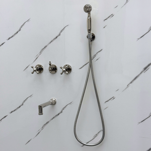 Polished Nickel Adjustable Flat Round Rain Shower System with Handheld & Tub Filler — Straight arm (PNCSS-019) — detail view 10
