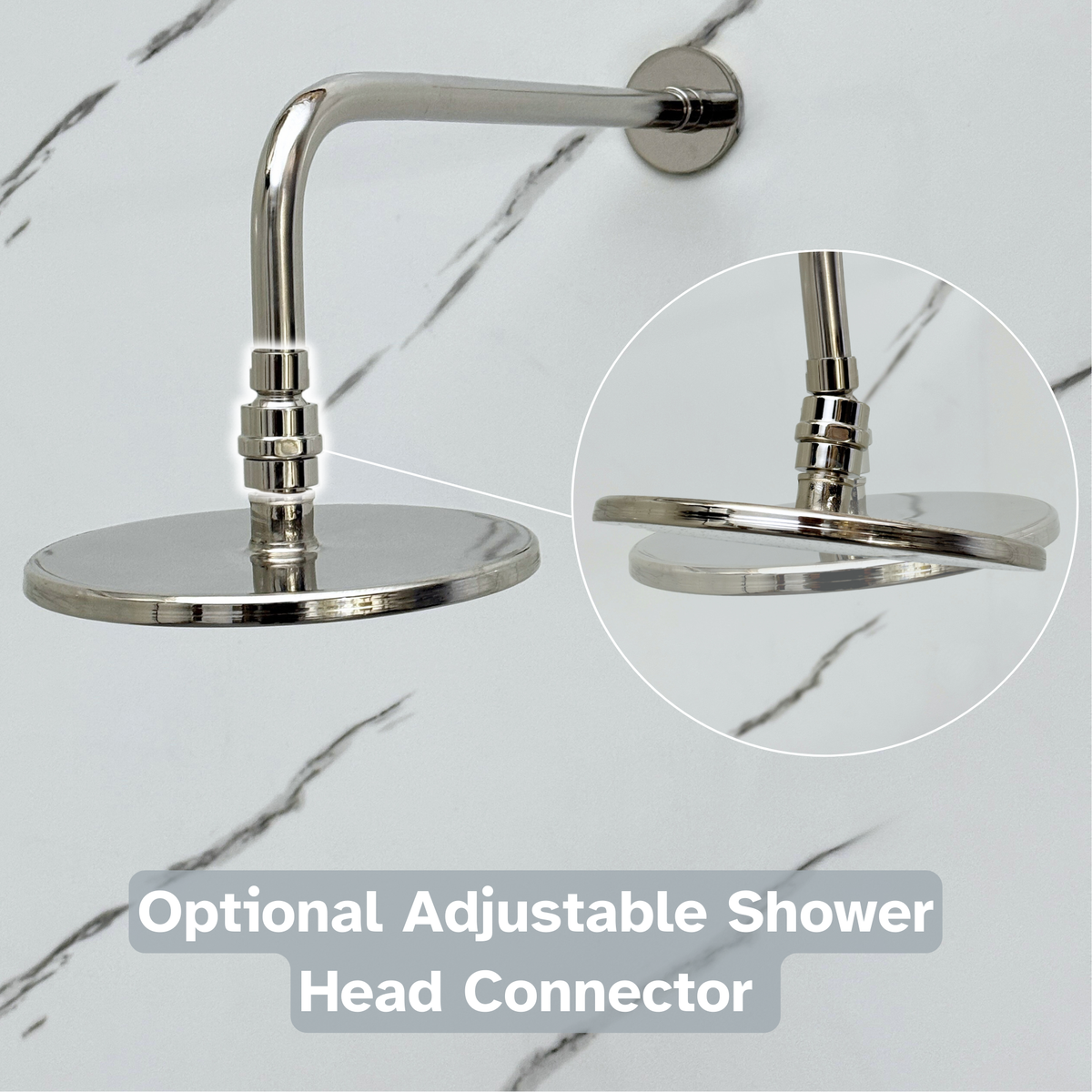 Polished Nickel Adjustable Flat Round Rain Shower System with Tub Filler — Straight arm (PNCSS-018) — detail view 7