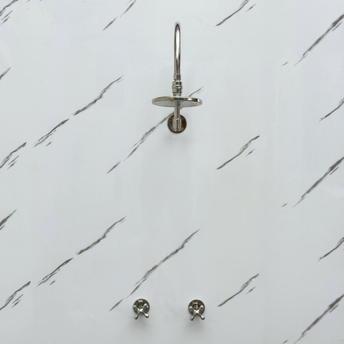 Polished Nickel Flat Round Rain Shower System — Arcuate arm (PNCSS-001) — detail view 5