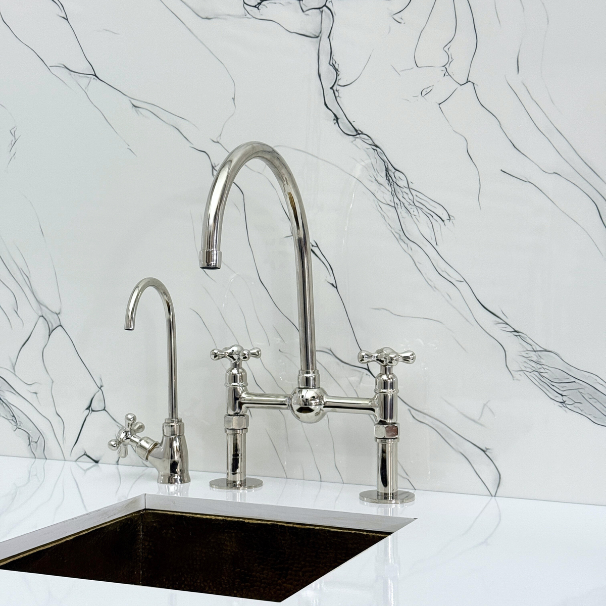 Polished Nickel Bridge Kitchen Faucet with Cross Handles – Tavistock – alternate view 7