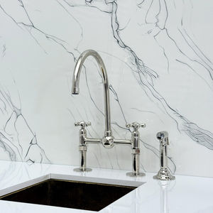 Polished Nickel Bridge Kitchen Faucet with Cross Handles – Tavistock – alternate view 9