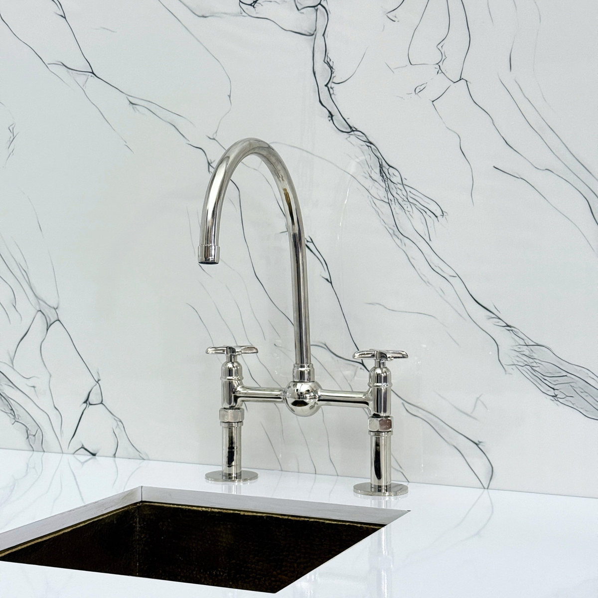 Polished Nickel Bridge Kitchen Faucet with Cross Handles – Tavistock – alternate view 6