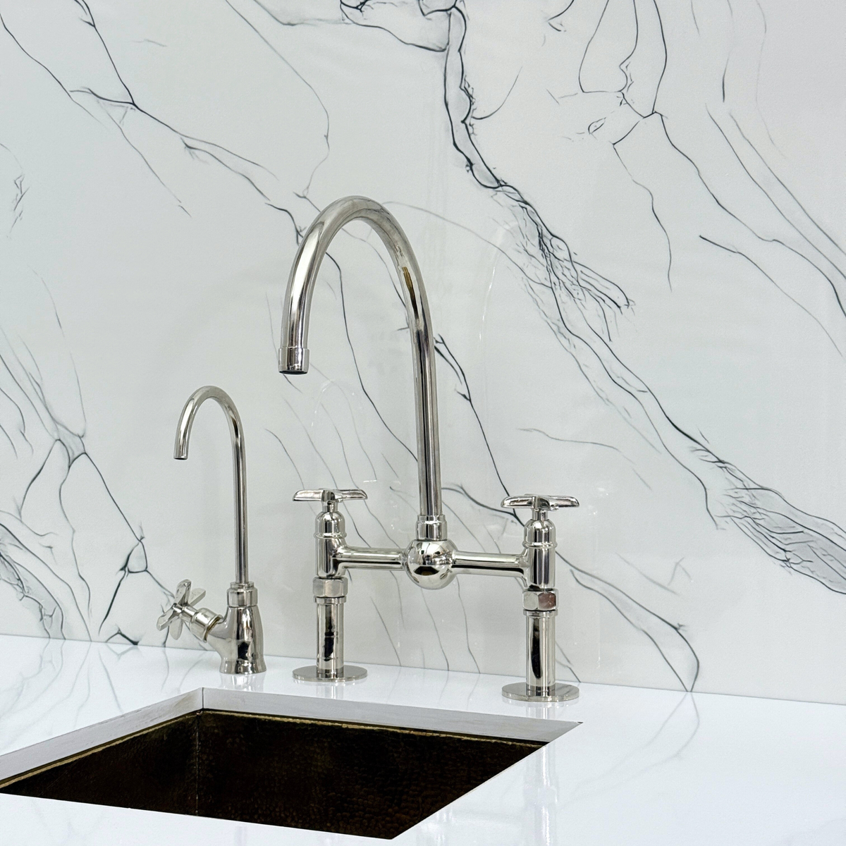 Polished Nickel Bridge Kitchen Faucet with Cross Handles – Tavistock – alternate view 8