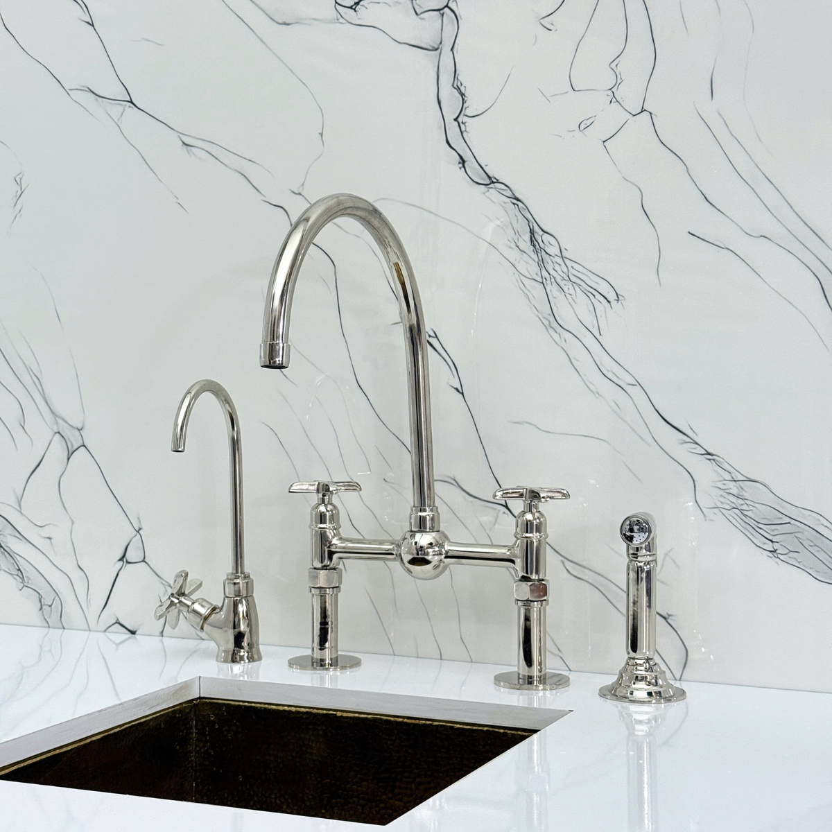 Polished Nickel Bridge Kitchen Faucet with Cross Handles – Tavistock – alternate view 3