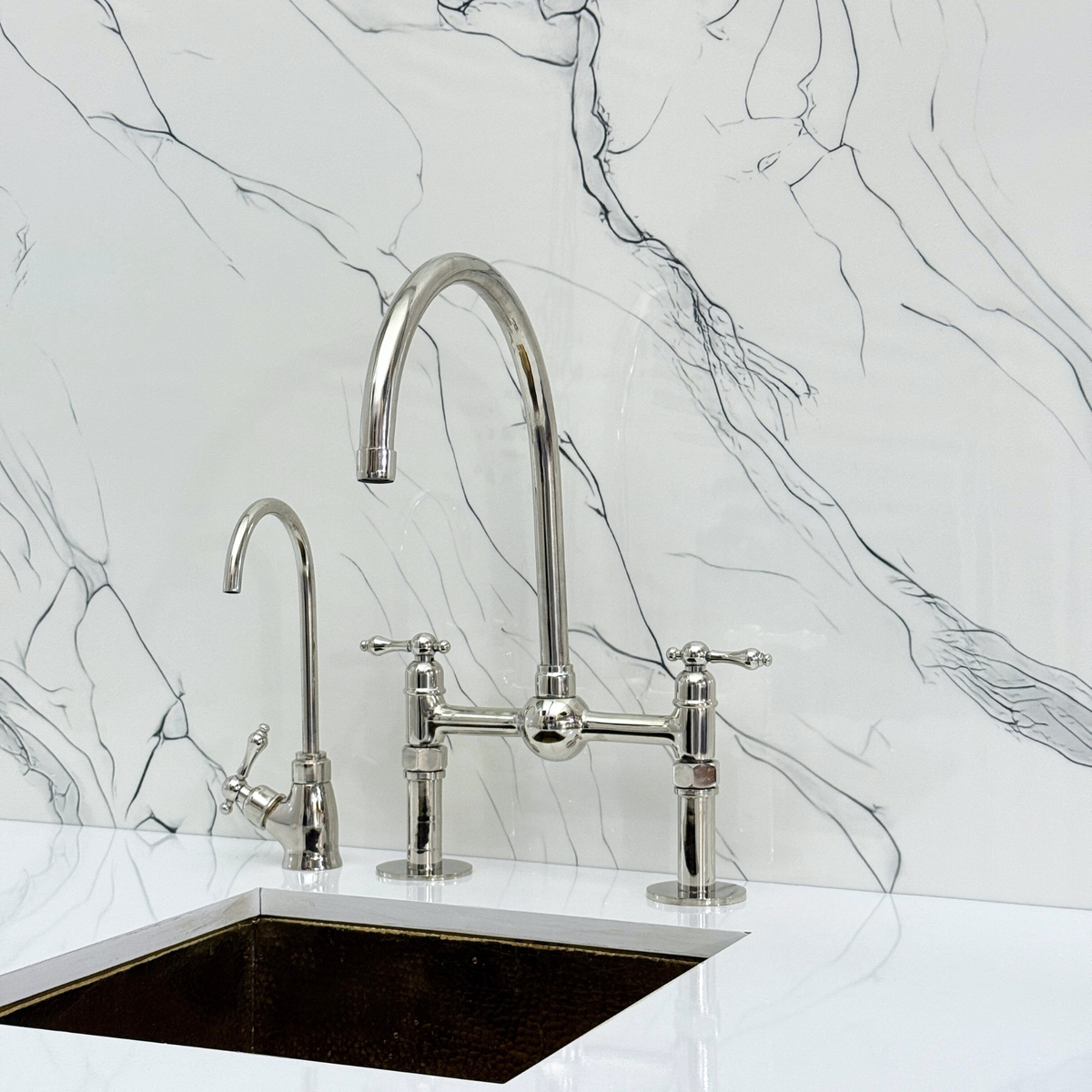 Polished Nickel Bridge Kitchen Faucet with Lever Handles – Tavistock – alternate view 6