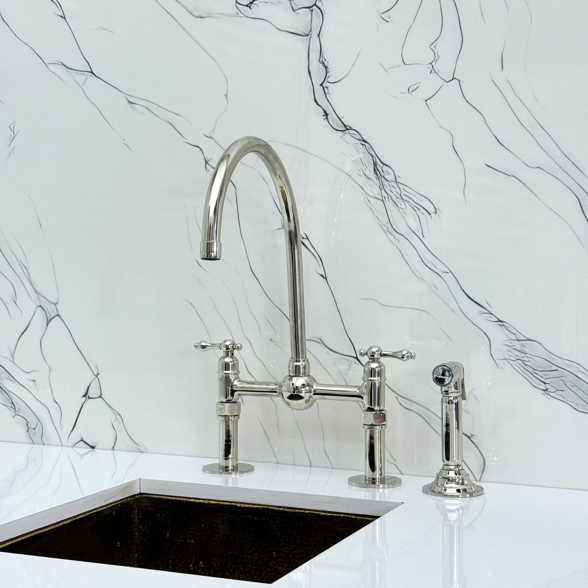 Polished Nickel Bridge Kitchen Faucet with Lever Handles – Tavistock – alternate view 7