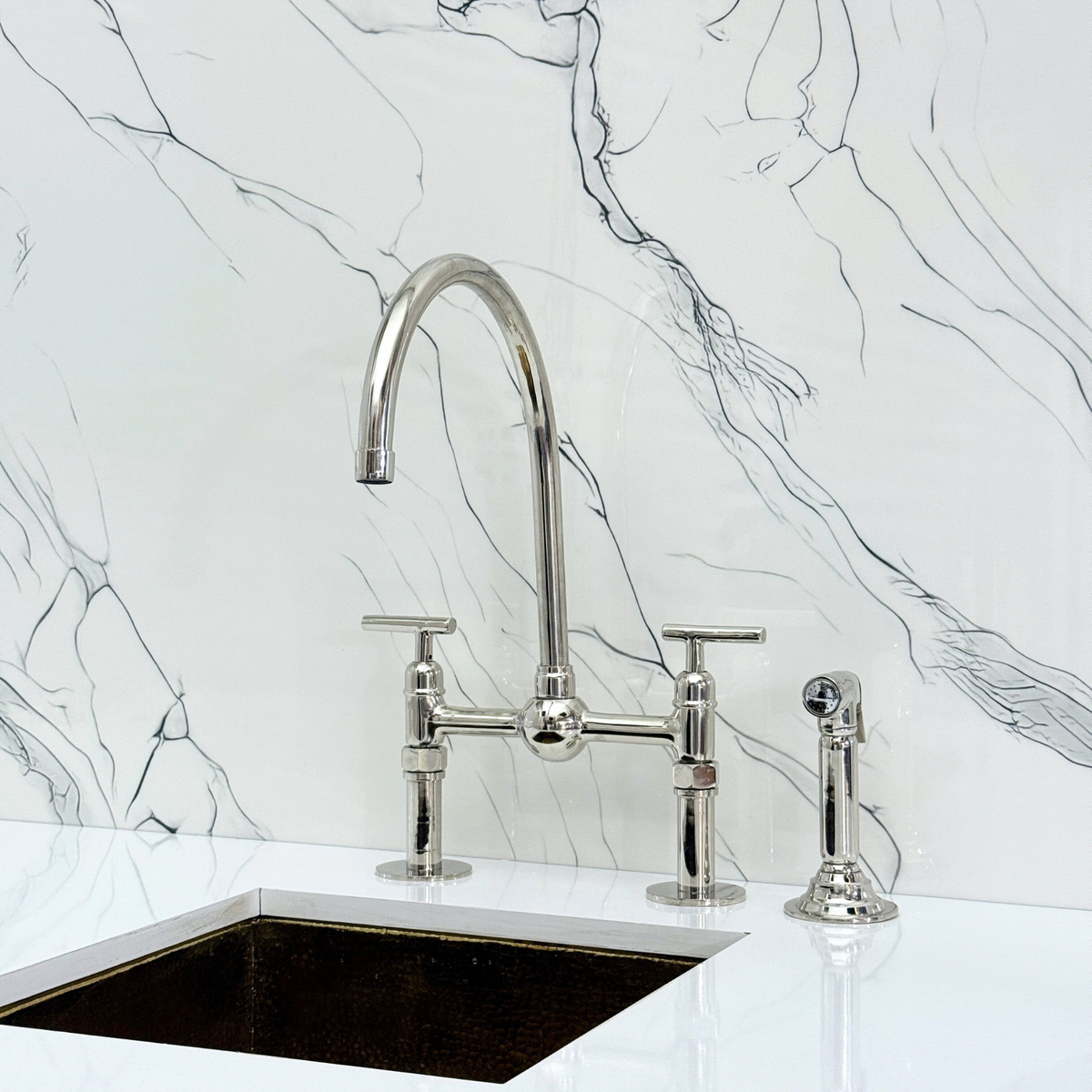 Polished Nickel Bridge Kitchen Faucet with Lever Handles – Tavistock – alternate view 10