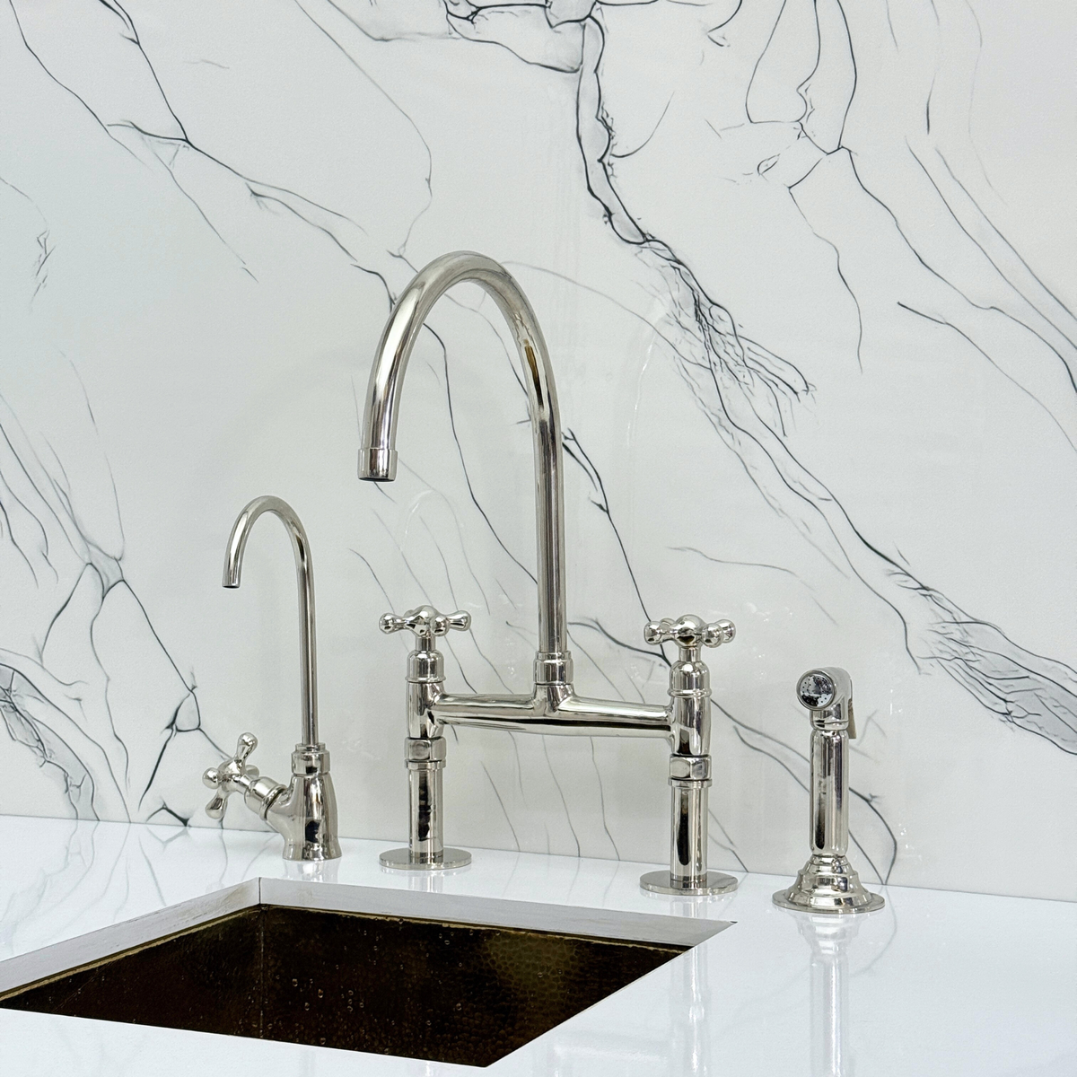 Polished Nickel Bridge Kitchen Faucet with Cross Handles – Regent