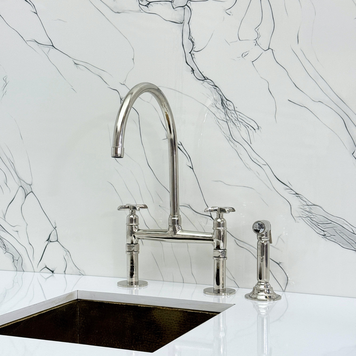 Polished Nickel Bridge Kitchen Faucet with Cross Handles – Regent – alternate view 10