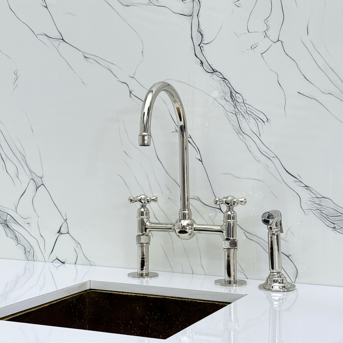Polished Nickel Bridge Kitchen Faucet with Cross Handles – Harrington – alternate view 11