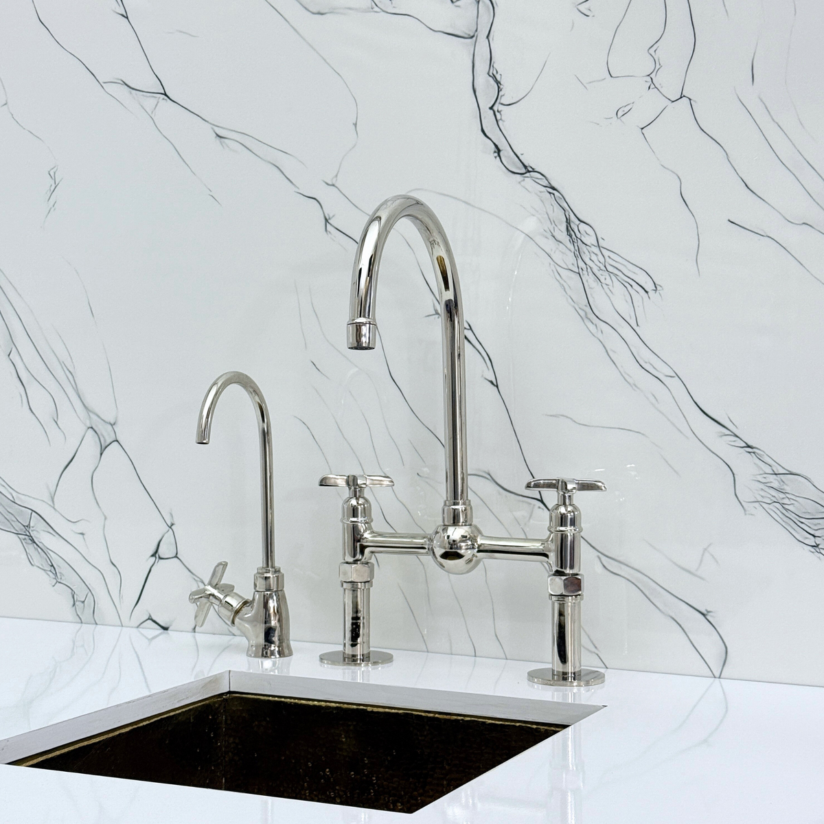 Polished Nickel Bridge Kitchen Faucet with Cross Handles – Harrington – alternate view 10