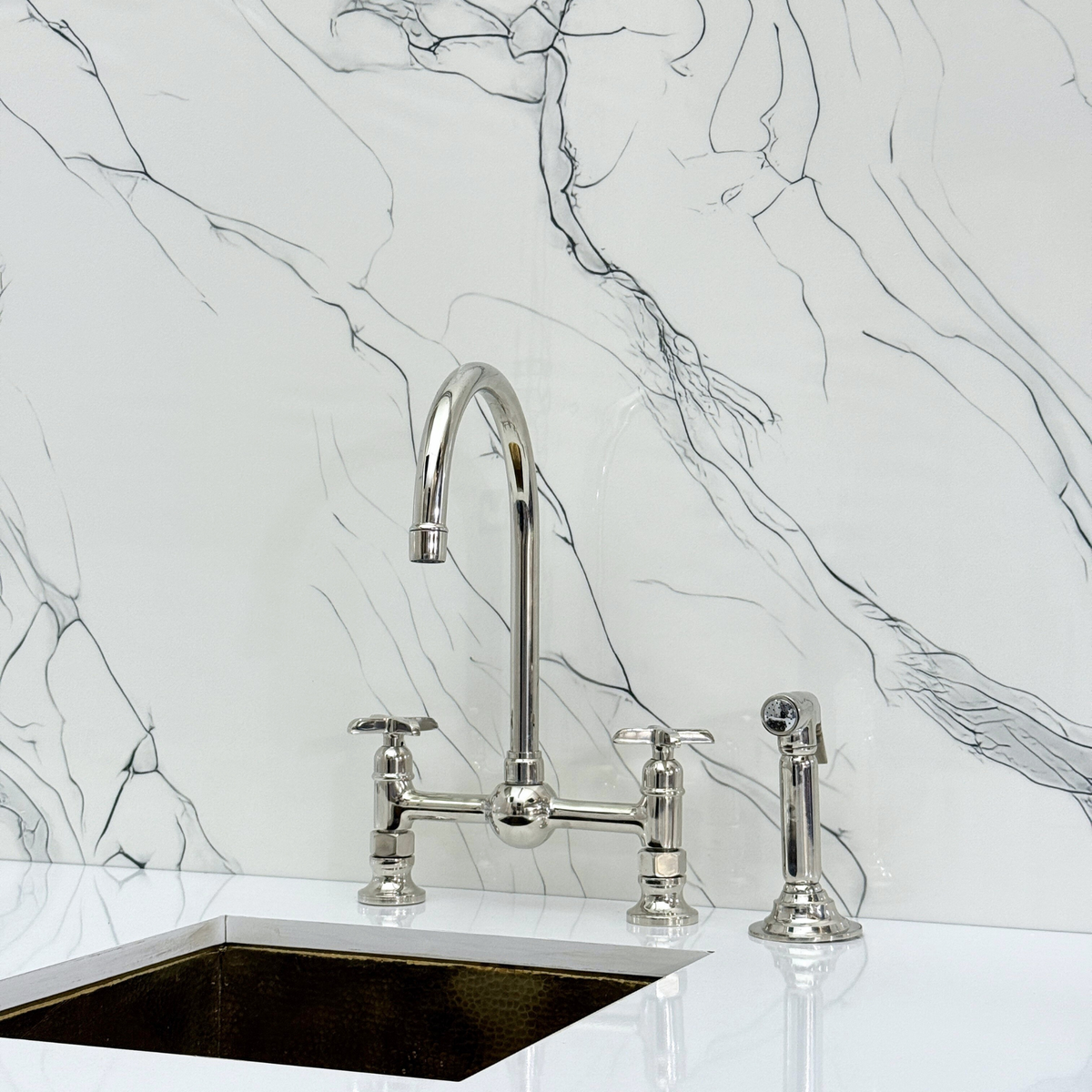 Polished Nickel Bridge Kitchen Faucet with Cross Handles – Lancaster – alternate view 12