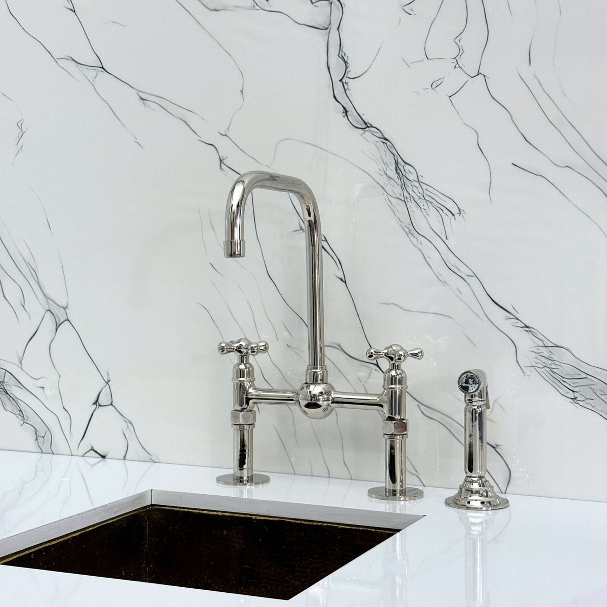 Polished Nickel Classic Bridge Kitchen Faucet with Cross Handles – Kensington – alternate view 11