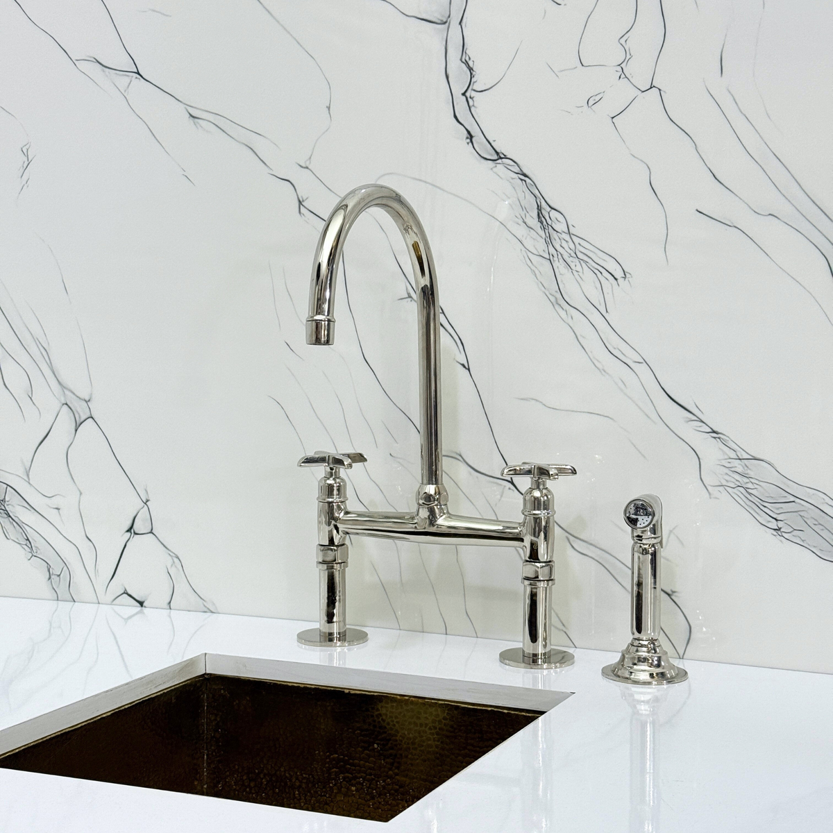 Polished Nickel Bridge Kitchen Faucet with Cross Handles – Montrose – alternate view 12
