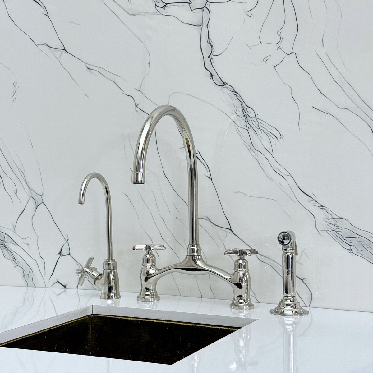 Polished Nickel Bridge Kitchen Faucet with Cross Handles – Ashford – alternate view 4