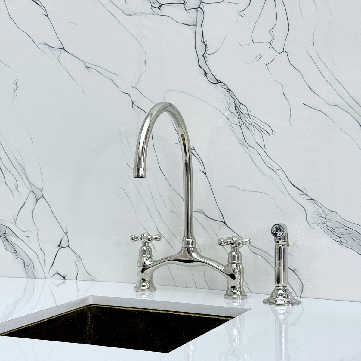 Polished Nickel Bridge Kitchen Faucet with Cross Handles – Ashford – alternate view 11