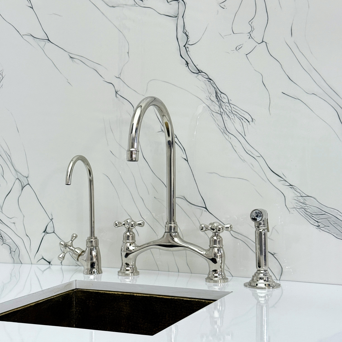 Polished Nickel Bridge Kitchen Faucet with Cross Handles – Beaumont – alternate view 2