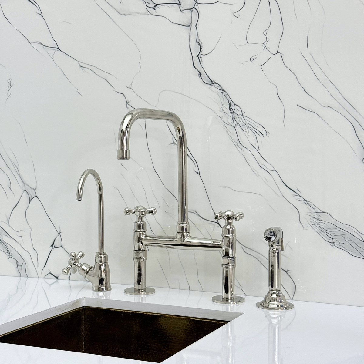 Polished Nickel Classic Bridge Kitchen Faucet with Cross Handles – Grosvenor