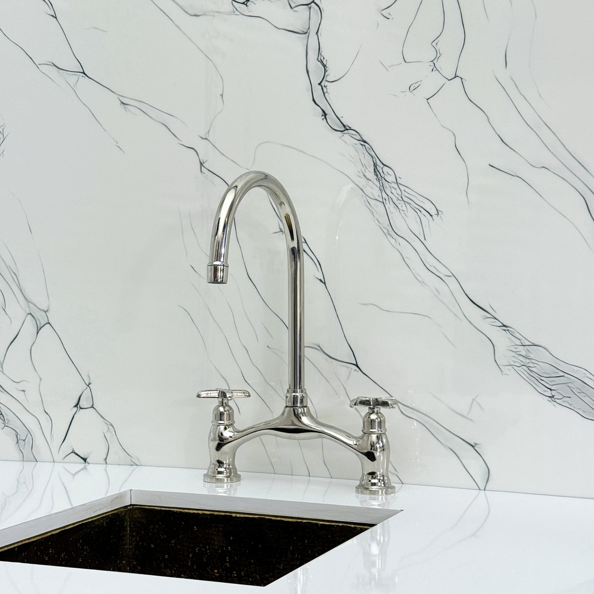 Polished Nickel Bridge Kitchen Faucet with Cross Handles – Beaumont – alternate view 9
