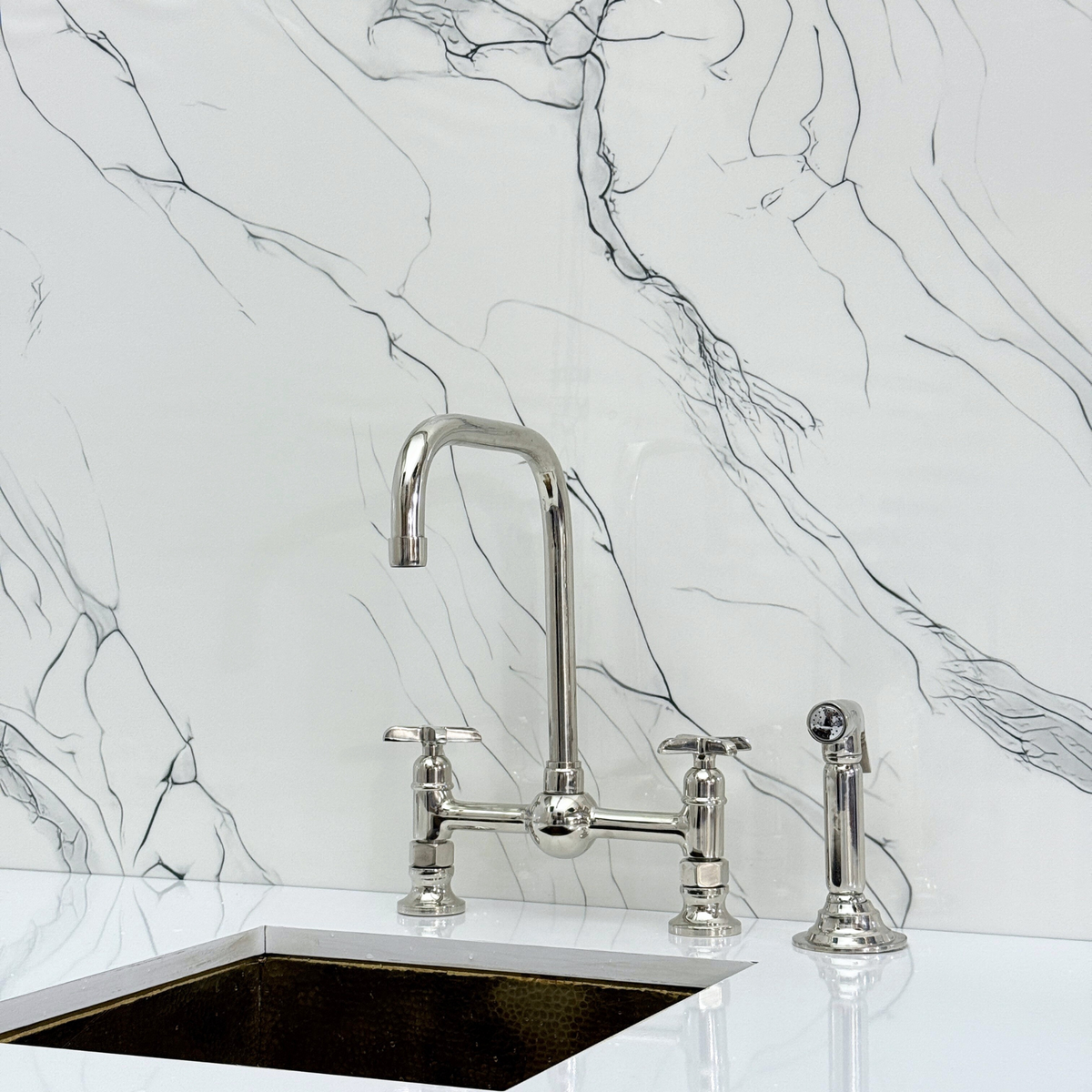 Polished Nickel Classic Bridge Kitchen Faucet with Cross Handles – Finsbury – alternate view 12