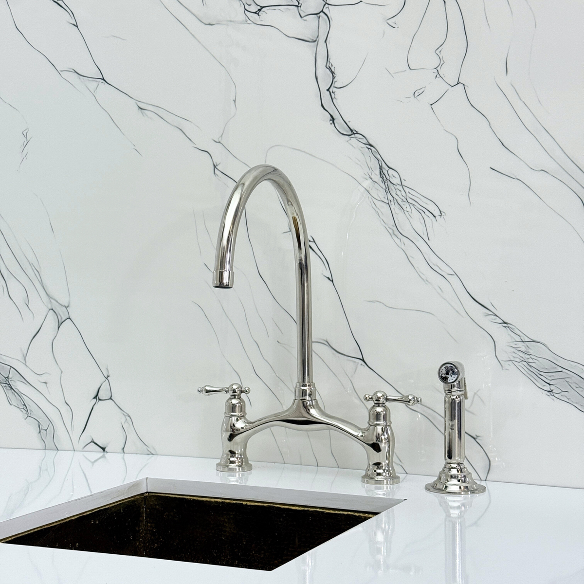 Polished Nickel Bridge Kitchen Faucet with Lever Handles – Ashford – alternate view 12