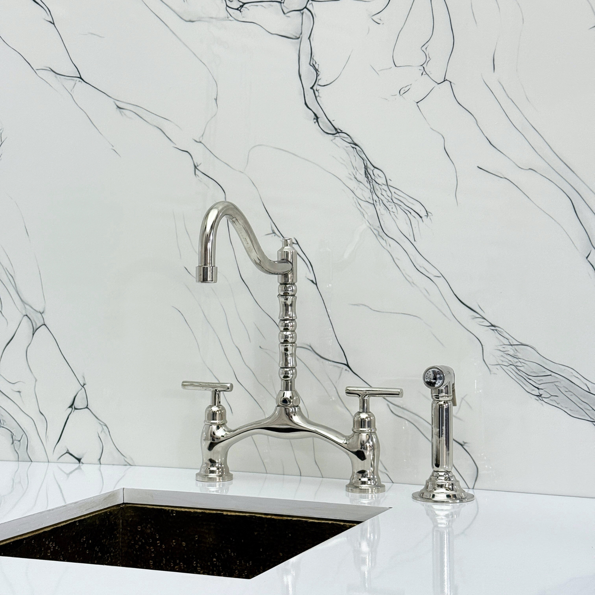 Polished Nickel Victorian Bridge Kitchen Faucet with Lever Handles – Dorchester – alternate view 12