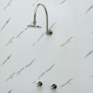 Polished Nickel Flat Round Rain Shower System — Arcuate arm (PNCSS-001) — detail view 3
