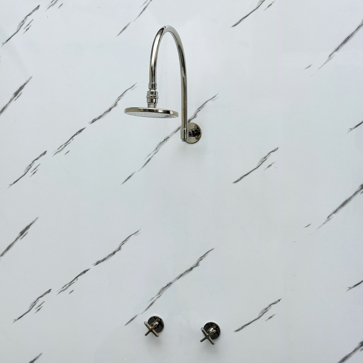 Polished Nickel Flat Round Rain Shower System — Arcuate arm (PNCSS-001) — detail view 4