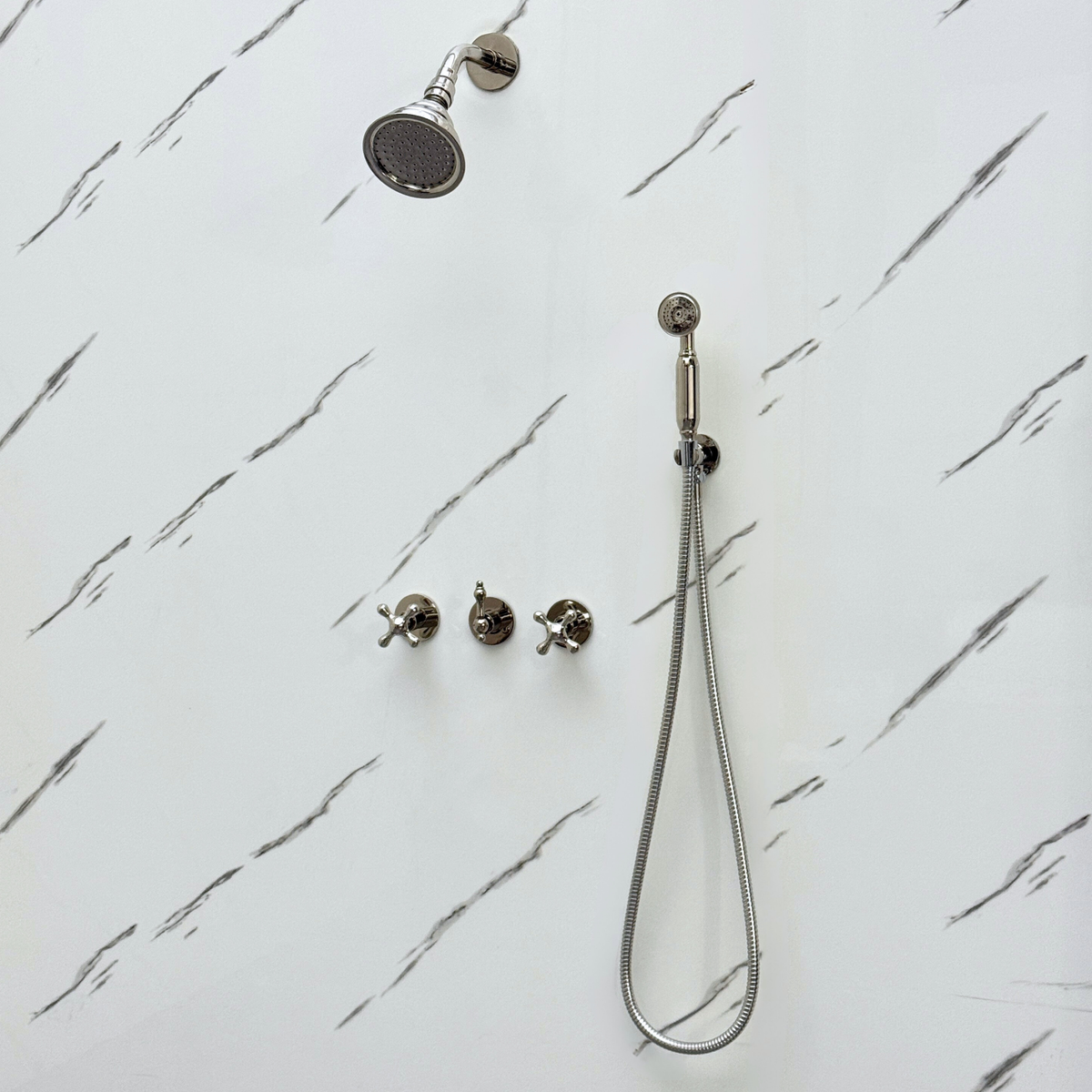 Polished Nickel Round Rain Shower System with Handheld — Short arm (PNCSS-020) — detail view 3