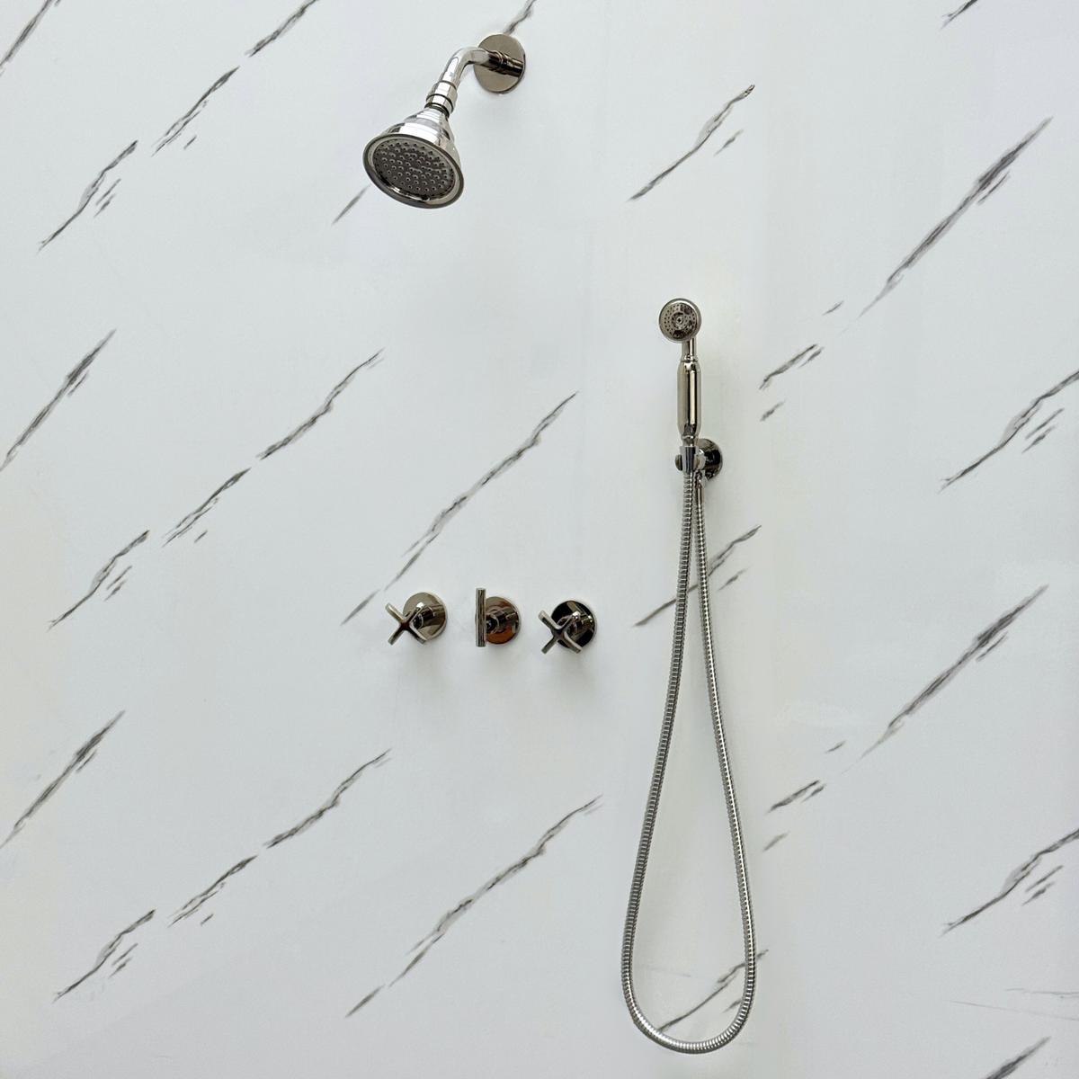 Polished Nickel Round Rain Shower System with Handheld — Short arm (PNCSS-020) — detail view 4