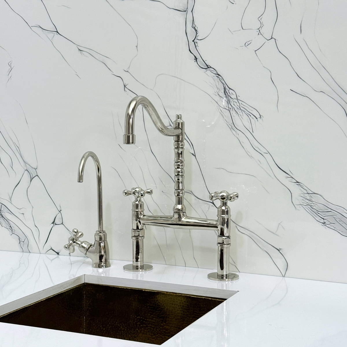 Polished Nickel Victorian Bridge Kitchen Faucet with Cross Handles – Pembroke – alternate view 7