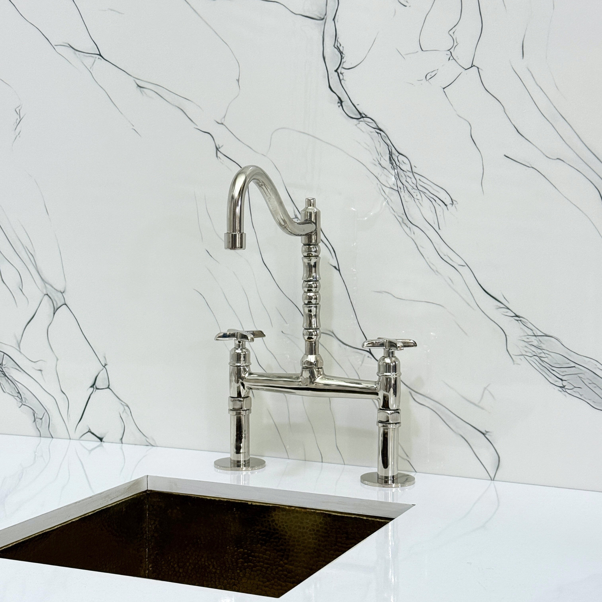 Polished Nickel Victorian Bridge Kitchen Faucet with Cross Handles – Pembroke – alternate view 6
