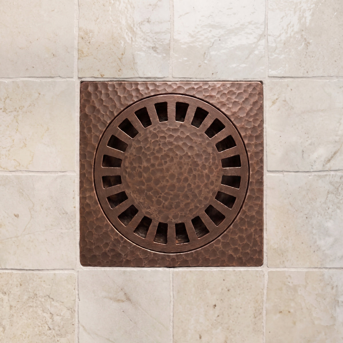 Solid Brass Hammered Square Shower Drain, Antique Copper Finish Bathroom Drain with Removable Cover