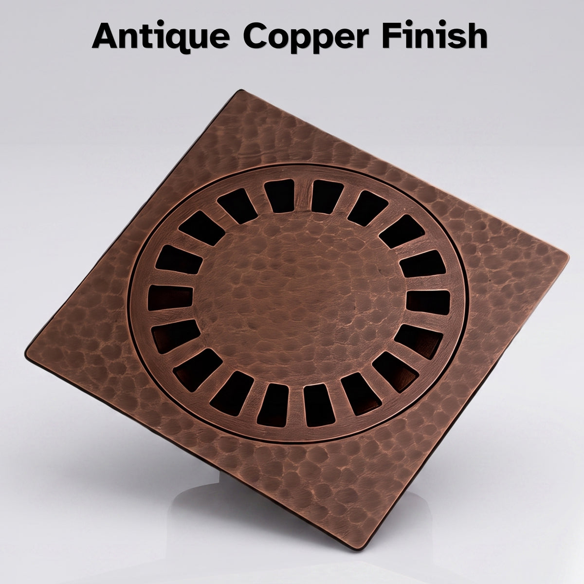 Solid Brass Hammered Square Shower Drain, Antique Copper Finish Bathroom Drain with Removable Cover