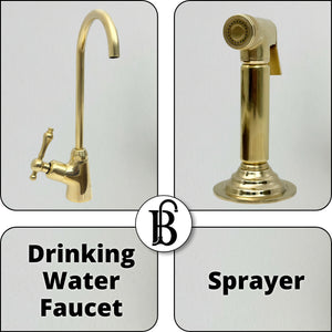 Unlacquered brass side sprayer and drinking water tap accessories for the bridge kitchen faucet
